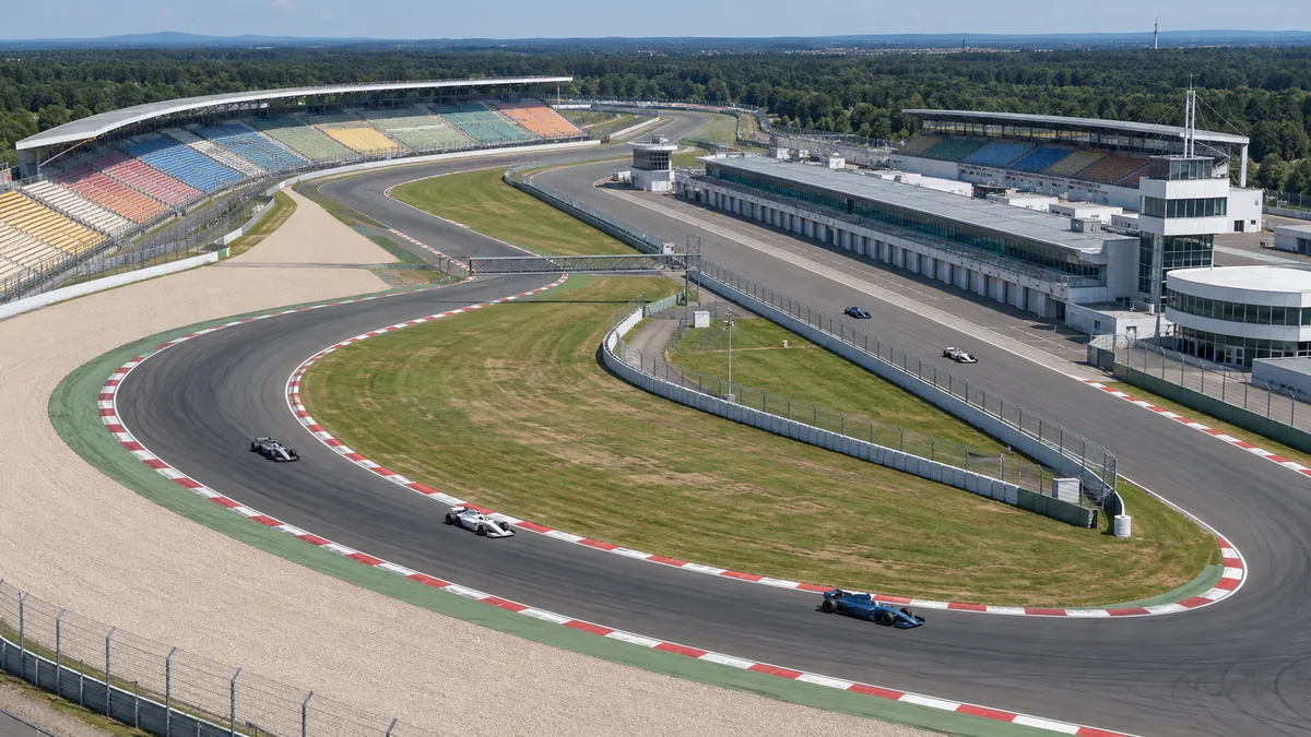 Ilustración (generada por IA): el Hockenheimring hacia 2016 con coches de carreras