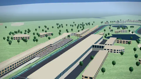 Start-Ziel-Gerade und Tribünen der Strecke Suzuka Circuit in unserer 3D-Umgebung, ohne Fahrzeuge