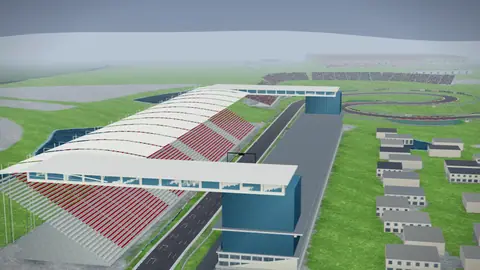 Start-Ziel-Gerade und Tribünen der Strecke Shanghai International Circuit in unserer 3D-Umgebung, ohne Fahrzeuge