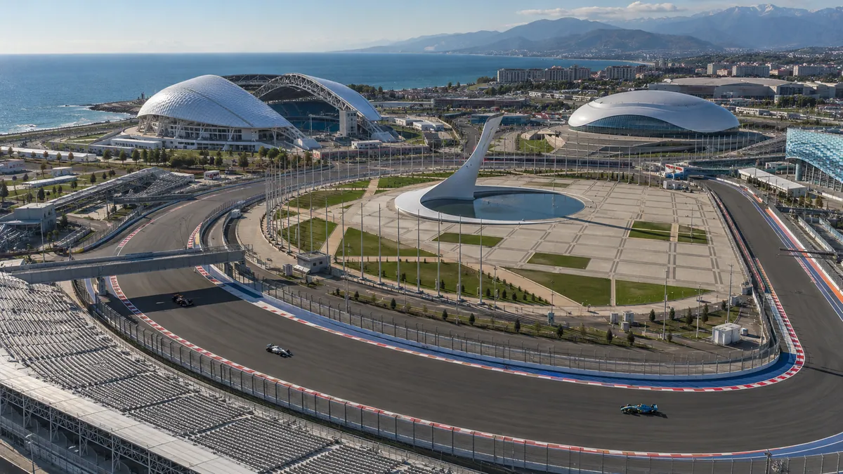 Illustration (KI-generiert): Sochi Autodrom um 2014 mit Rennwagen