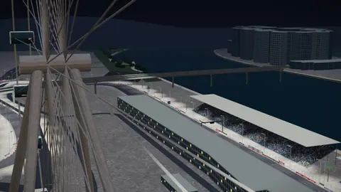 Start-Ziel-Gerade und Tribünen der Strecke Marina Bay Street Circuit in unserer 3D-Umgebung, ohne Fahrzeuge