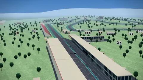 Start-Ziel-Gerade und Tribünen der Strecke Circuit de Barcelona-Catalunya in unserer 3D-Umgebung, ohne Fahrzeuge