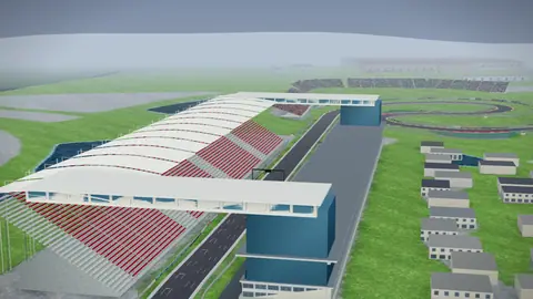 Start-Ziel-Gerade und Tribünen der Strecke Shanghai International Circuit in unserer 3D-Umgebung, ohne Fahrzeuge