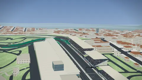 Start-Ziel-Gerade und Tribünen der Strecke Autódromo José Carlos Pace in unserer 3D-Umgebung, ohne Fahrzeuge