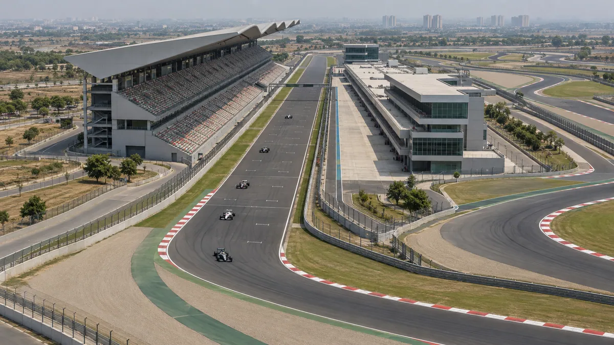 Illustration (KI-generiert): Buddh International Circuit um 2013 mit Rennwagen