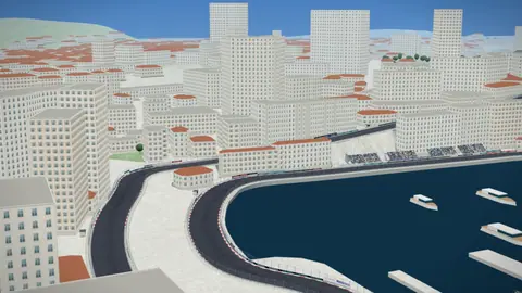 Start-Ziel-Gerade und Tribünen der Strecke Circuit de Monaco in unserer 3D-Umgebung, ohne Fahrzeuge