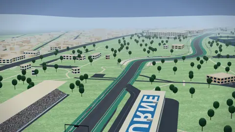 Start-Ziel-Gerade und Tribünen der Strecke Albert Park Grand Prix Circuit in unserer 3D-Umgebung, ohne Fahrzeuge
