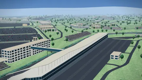 Start-Ziel-Gerade und Tribünen der Strecke Silverstone Circuit in unserer 3D-Umgebung, ohne Fahrzeuge