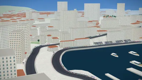 Start-Ziel-Gerade und Tribünen der Strecke Circuit de Monaco in unserer 3D-Umgebung, ohne Fahrzeuge