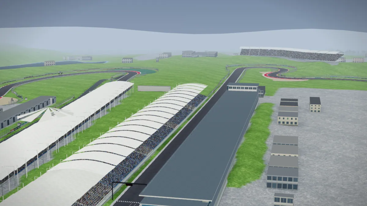 Start-Ziel-Gerade und Tribünen der Strecke Sepang International Circuit in unserer 3D-Umgebung, ohne Fahrzeuge