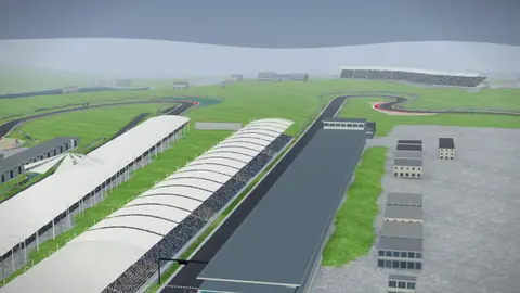 Start-Ziel-Gerade und Tribünen der Strecke Sepang International Circuit in unserer 3D-Umgebung, ohne Fahrzeuge