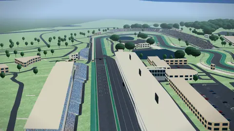 Start-Ziel-Gerade und Tribünen der Strecke Suzuka Circuit in unserer 3D-Umgebung, ohne Fahrzeuge