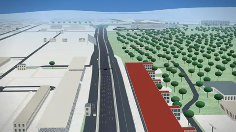 Start/finish straight and grandstands at the Autódromo Hermanos Rodríguez in our 3D environment, without cars