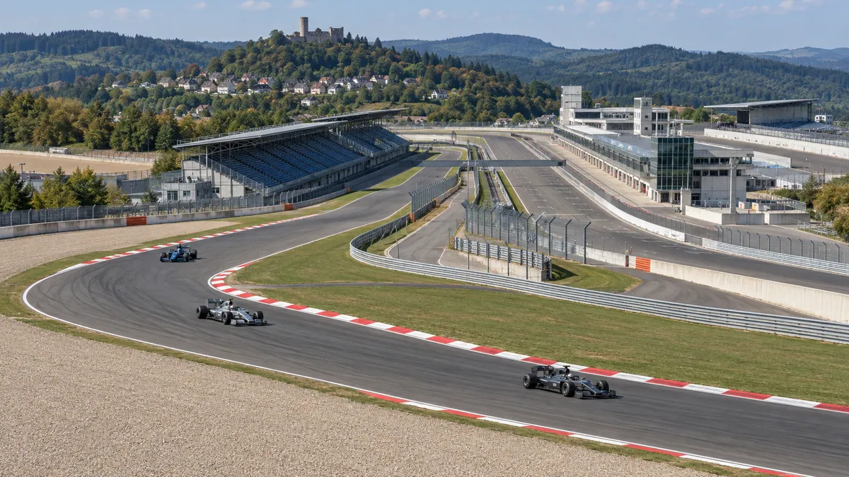 Illustration (KI-generiert): Nürburgring um 2005 mit Rennwagen