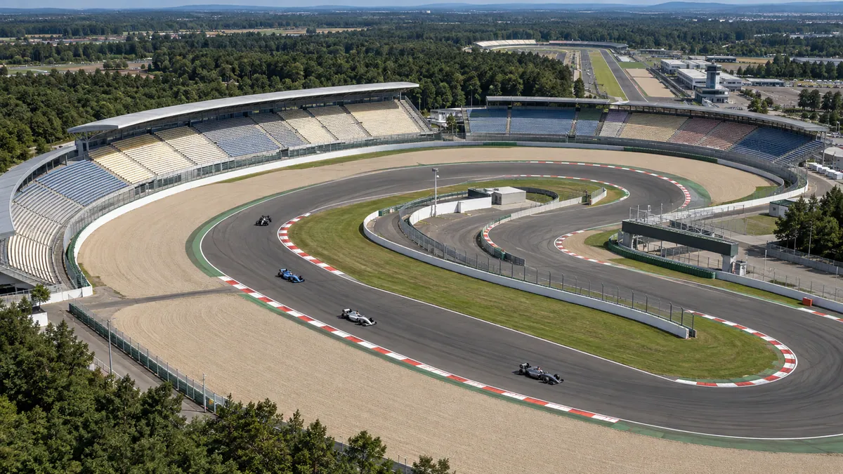 Illustration (KI-generiert): Hockenheimring um 2004 mit Rennwagen
