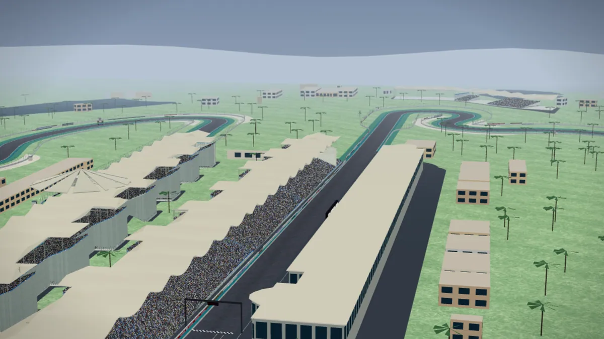 Start-Ziel-Gerade und Tribünen der Strecke Sepang International Circuit in unserer 3D-Umgebung, ohne Fahrzeuge