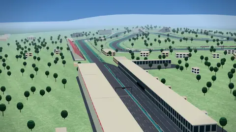 Recta principal y tribunas del Circuit de Barcelona-Catalunya en nuestro entorno 3D, sin coches