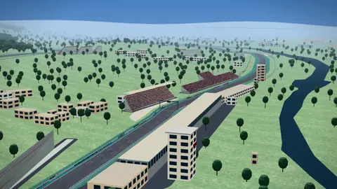 Recta principal y tribunas del circuito Autodromo Enzo e Dino Ferrari en nuestro entorno 3D, sin coches