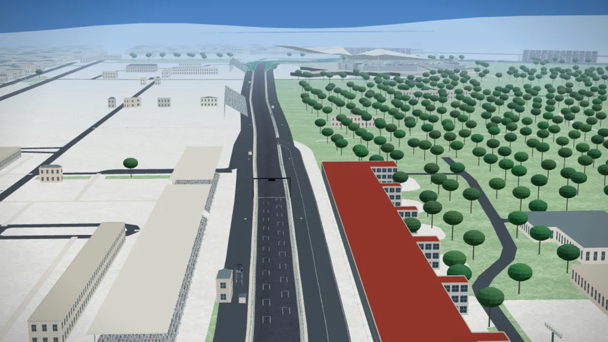Start/finish straight and grandstands of the Autódromo Hermanos Rodríguez circuit in our 3D environment, without cars