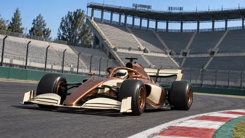 Symbolbild (KI-generiert): Formel-1-Wagen in Kupfer und Elfenbein fährt im Stadionabschnitt des Autódromo Hermanos Rodríguez in Mexiko-Stadt vor leeren Tribünen bei Sonne